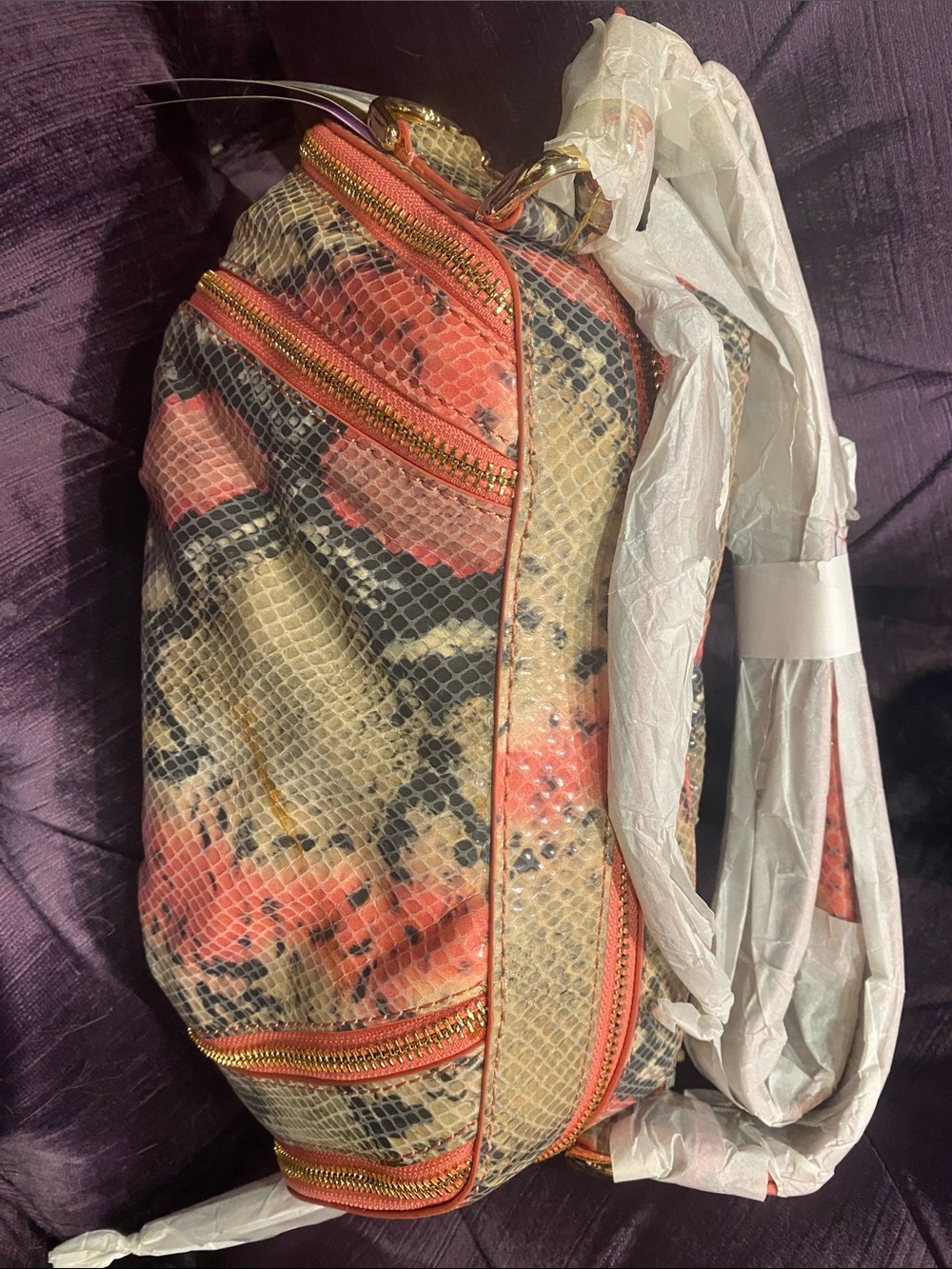 Botkier Coral, Cream and Black Snake-Print Crossbody with Gold Hardware.